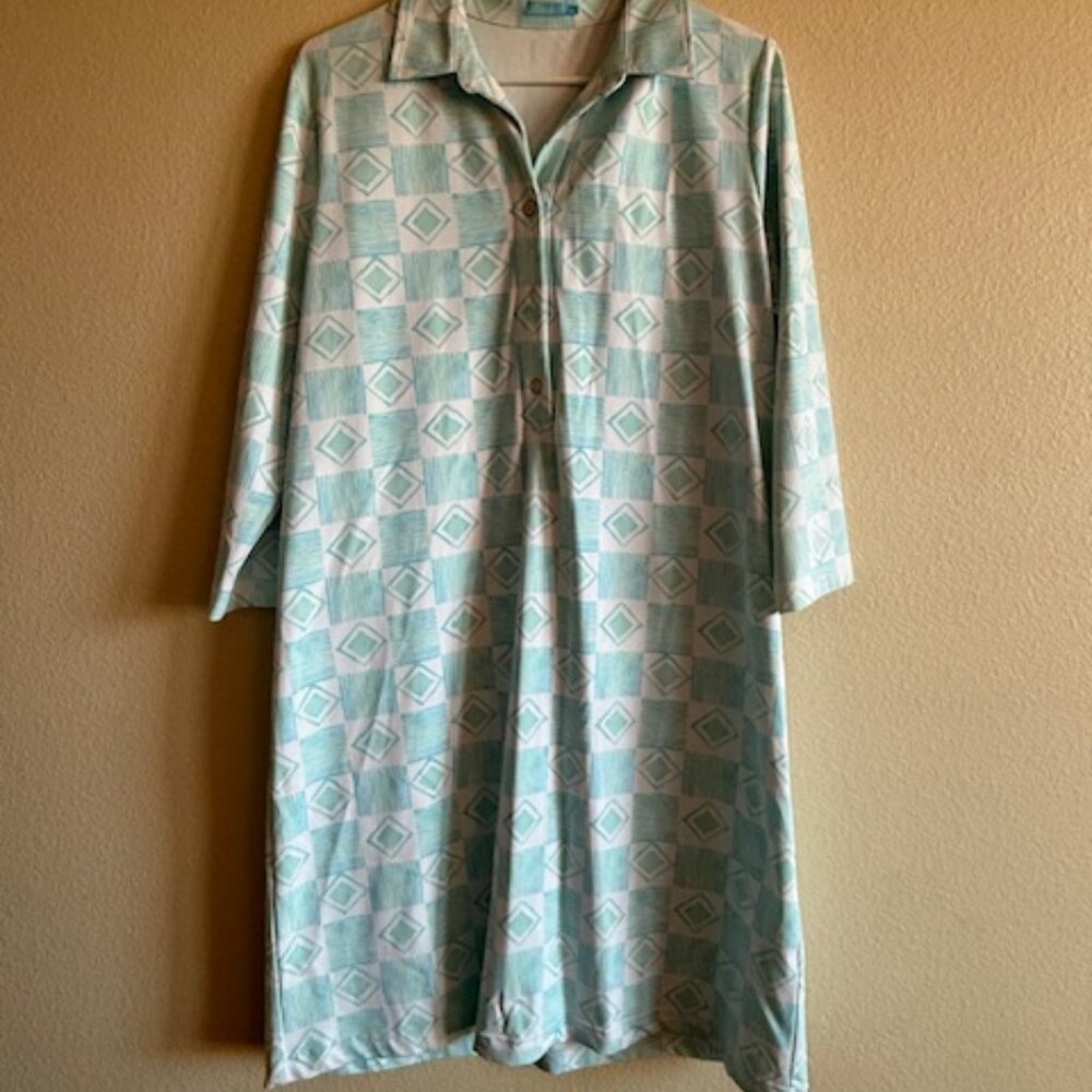 J. McLaughlin Calla Dress White/Aqua/Blue Trellis Tile Geometric